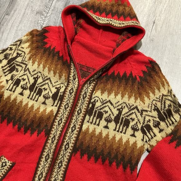 Vintage Alpaca Wool Peruvian Knit Hoodie Red Full Zip Fuzzy Hooded Sweater Sz M - Picture 2 of 4